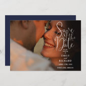 Save The Date Mariage de script élégant Navy Blue 2 Photo (Devant / Derrière)
