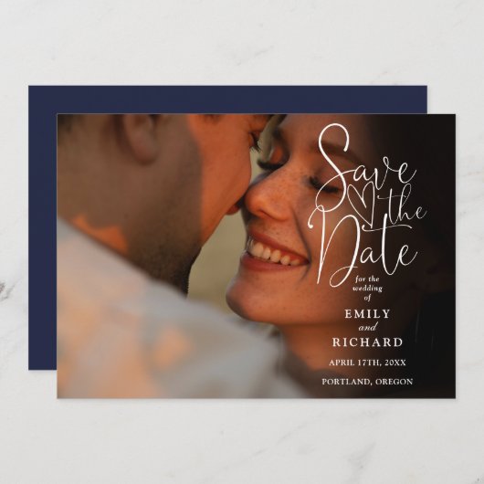 Save The Date Mariage de script élégant Navy Blue 2 Photo (Devant / Derrière)