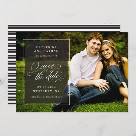Save The Date Mariage de script élégant noir et blanc classique (Devant / Derrière)