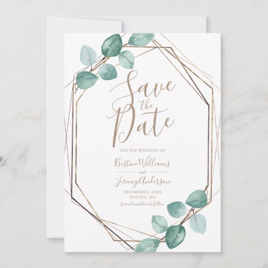 Save The Date Mariage de script en cuivre de l'Eucalyptus modern (Devant)