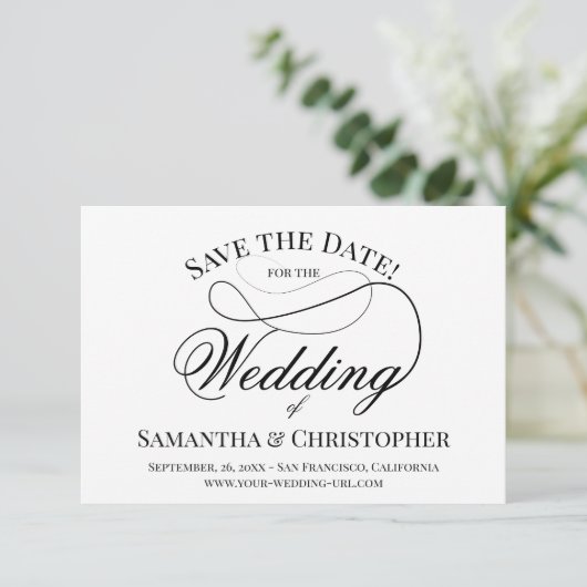 Save The Date Mariage de script en dentelle noir et blanc simple (Debout devant)