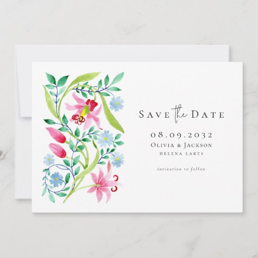 Save The Date Mariage de script Fleur sauvage Whimsical Watercol (Devant)