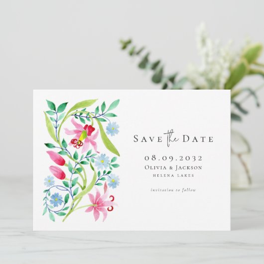 Save The Date Mariage de script Fleur sauvage Whimsical Watercol (Debout devant)