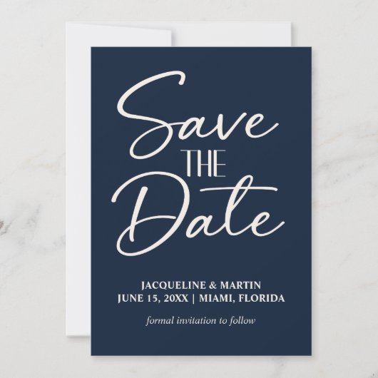 Save The Date Mariage de script lettres à main bleue marine (Devant)