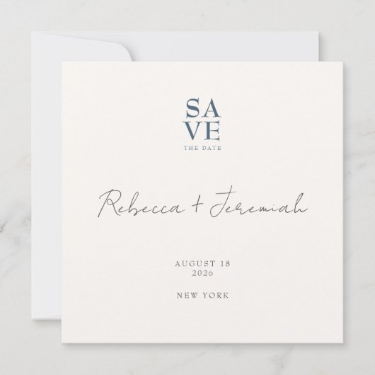Save The Date Mariage de script minimal gris bleu sophistiqué (Devant)