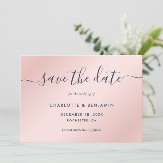 Save The Date Mariage de script moderne bleu et bleu marine (Debout devant)