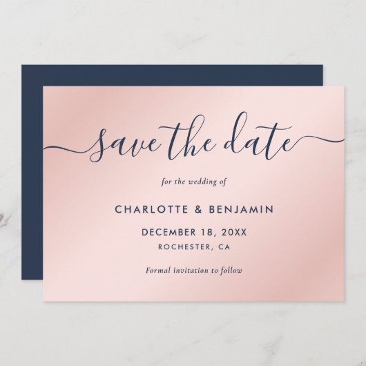 Save The Date Mariage de script moderne bleu et bleu marine (Devant / Derrière)