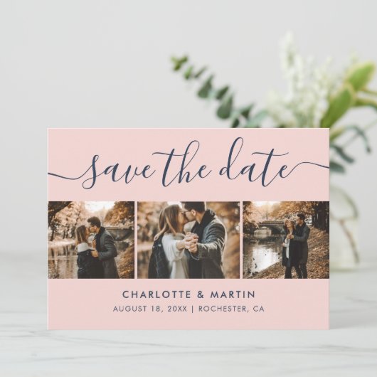 Save The Date Mariage de script moderne bleu et bleu marine phot (Debout devant)