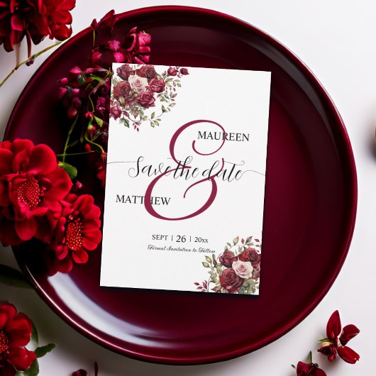 Save The Date Mariage de script moderne floral de Bourgogne