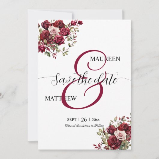 Save The Date Mariage de script moderne floral de Bourgogne (Devant)