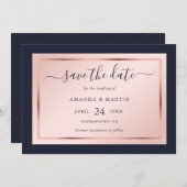 Save The Date Mariage de script or bleu marine et Rose (Devant / Derrière)