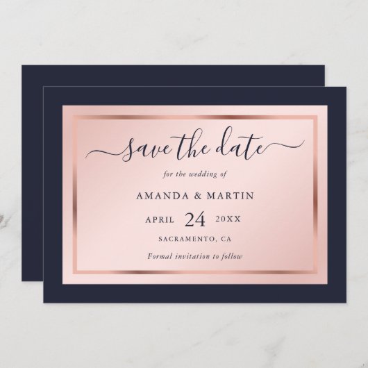 Save The Date Mariage de script or bleu marine et Rose (Devant / Derrière)