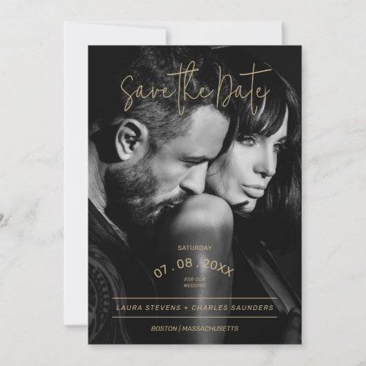 Save The Date Mariage de script or noir et blanc (Devant)