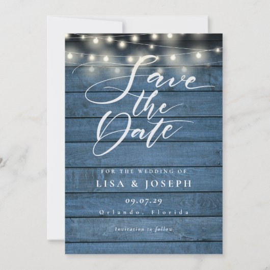 Save The Date Mariage de script rustique à chaîne de bois bleu (Devant)