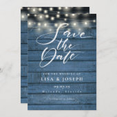 Save The Date Mariage de script rustique à chaîne de bois bleu (Devant / Derrière)