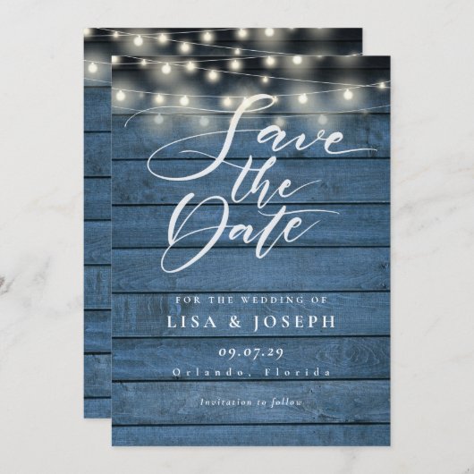 Save The Date Mariage de script rustique à chaîne de bois bleu (Devant / Derrière)