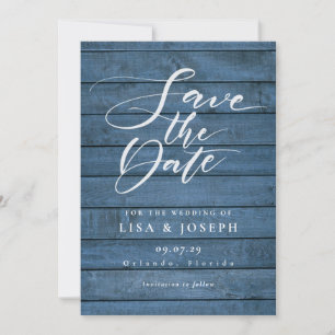 Save The Date Mariage de script rustique en bois bleu