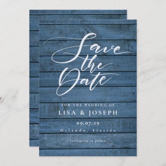Save The Date Mariage de script rustique en bois bleu (Devant / Derrière)