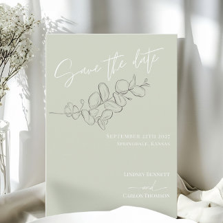 Save The Date Mariage de script vert minimaliste feuille dessiné