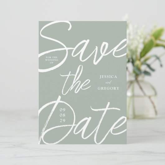 Save The Date Mariage de script vert moderne Gras Sage (Debout devant)