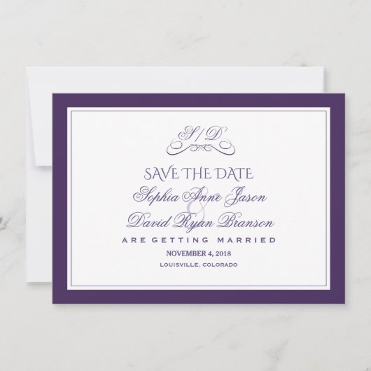 Save The Date Mariage de soirée à la frontière violet et blanc (Devant)