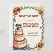 Save The Date Mariage de style comique Retro Bride & Groom Pop (Devant)