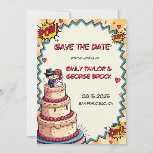 Save The Date Mariage de style comique Retro Bride & Groom Pop (Devant)