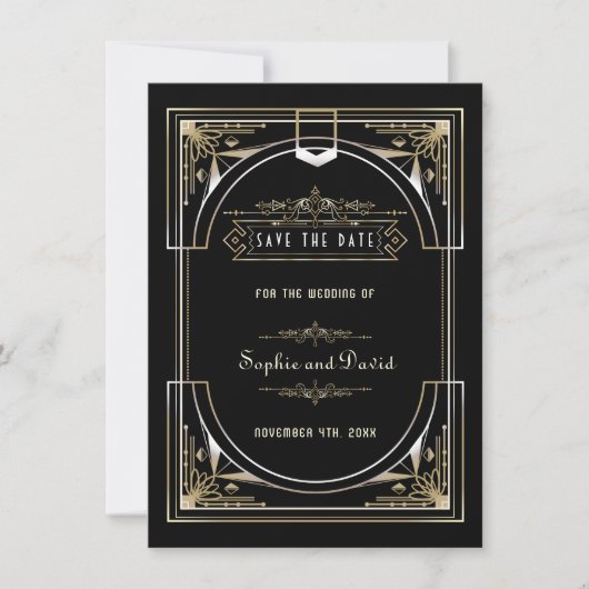 Save The Date Mariage de style Luxe Or Noir Great 20s (Devant)