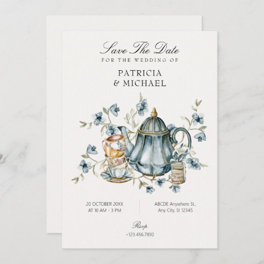Save The Date Mariage de tasse de thé (Devant / Derrière)