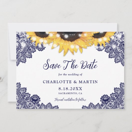 Save The Date Mariage de tournesol bleu de la marine romantique (Devant)