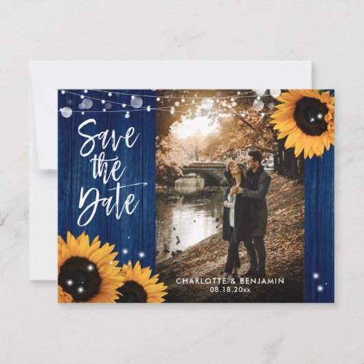 Save The Date Mariage de tournesol bleu de la marine rustique (Devant)