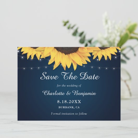 Save The Date Mariage de Tournesol Bleu de la Marine Rustique En (Debout devant)