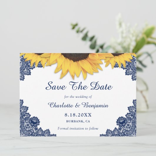 Save The Date Mariage de Tournesol Bleu de la Marine Rustique En (Debout devant)