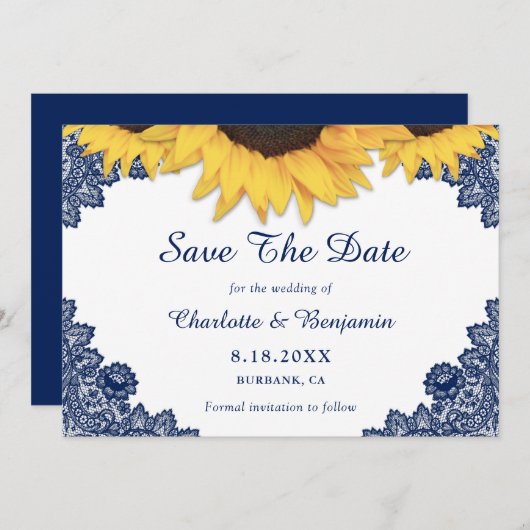 Save The Date Mariage de Tournesol Bleu de la Marine Rustique En (Devant / Derrière)