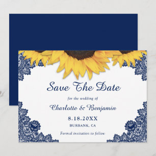 Save The Date Mariage de Tournesol Bleu de la Marine Rustique En