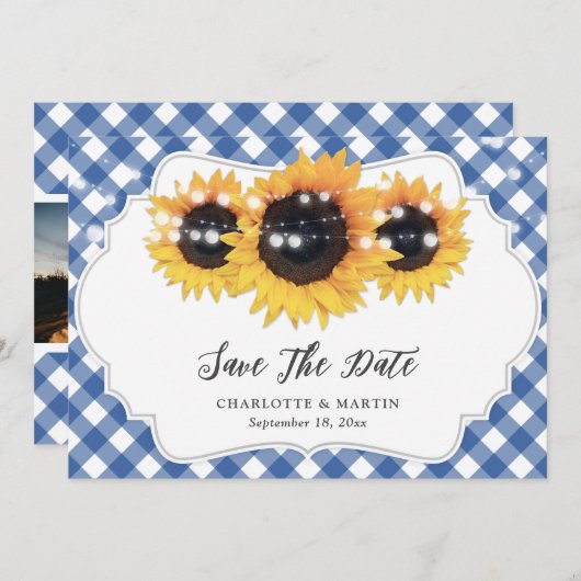 Save The Date Mariage de tournesol bleu En vichy rustique (Devant / Derrière)
