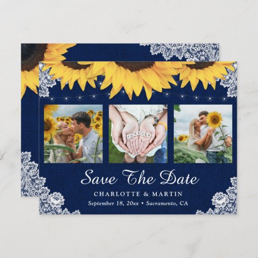 Save The Date Mariage de Tournesol Bleu Marine Photo Enregistrer (Devant / Derrière)