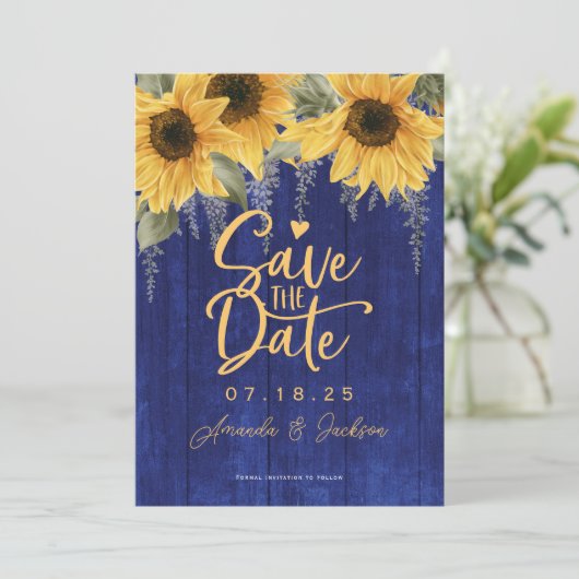 Save The Date Mariage de tournesol bleu rustique sauvez (Debout devant)