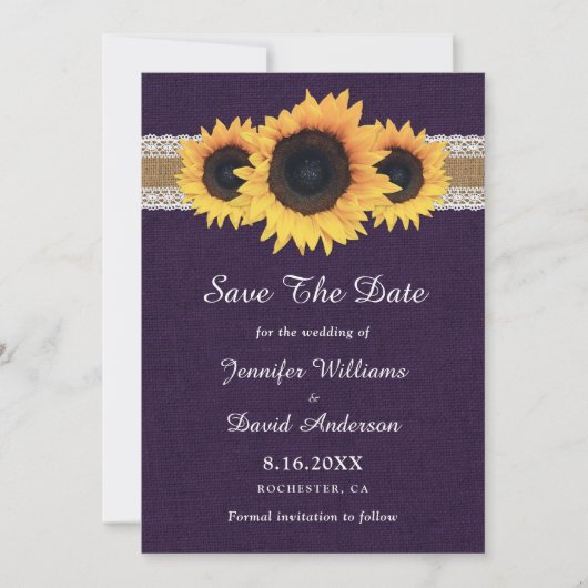 Save The Date Mariage de tournesol de pays rustique violet (Devant)