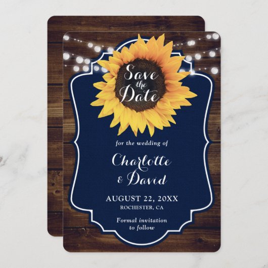 Save The Date Mariage de tournesol en bois rustique bleu marine (Devant / Derrière)