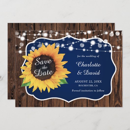 Save The Date Mariage de tournesol en bois rustique bleu marine (Devant / Derrière)