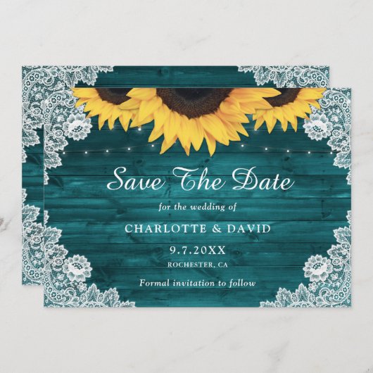 Save The Date Mariage de tournesol en dentelle de bois rustique  (Devant / Derrière)