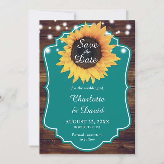 Save The Date Mariage de tournesol Turquoise rustique (Devant)