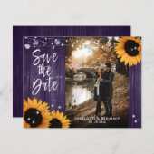 Save The Date Mariage de tournesol violet en bois rustique (Devant / Derrière)