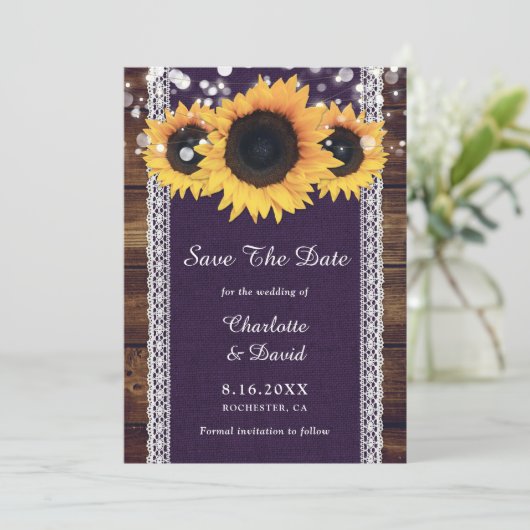 Save The Date Mariage de tournesol violet rustique en bois (Debout devant)