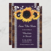 Save The Date Mariage de tournesol violet rustique en bois (Devant / Derrière)