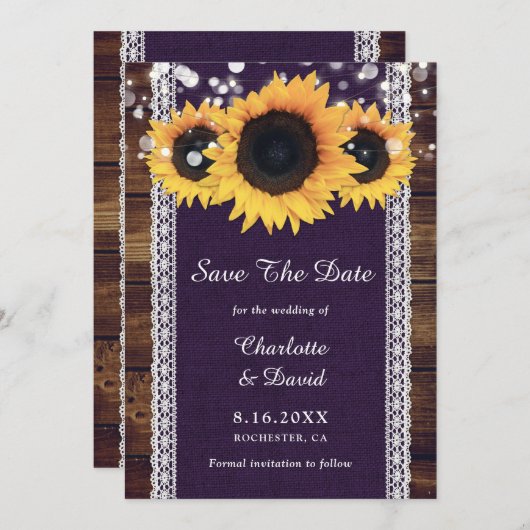Save The Date Mariage de tournesol violet rustique en bois (Devant / Derrière)