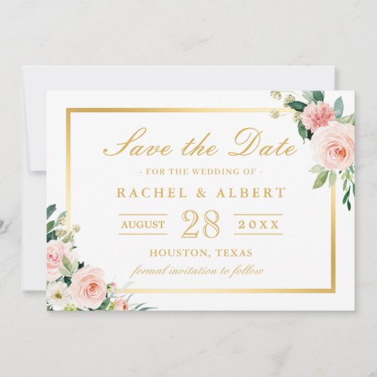 Save The Date Mariage de trame or rose floral (Devant)