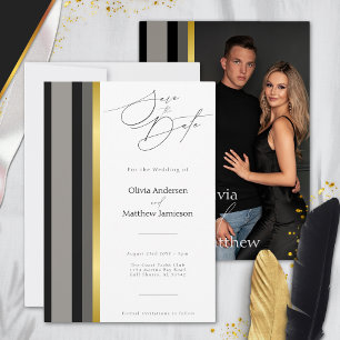 Save The Date Mariage de typographie Elegant Black Grey Gold Str