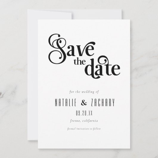 Save The Date Mariage de typographie noir et blanc (Devant)